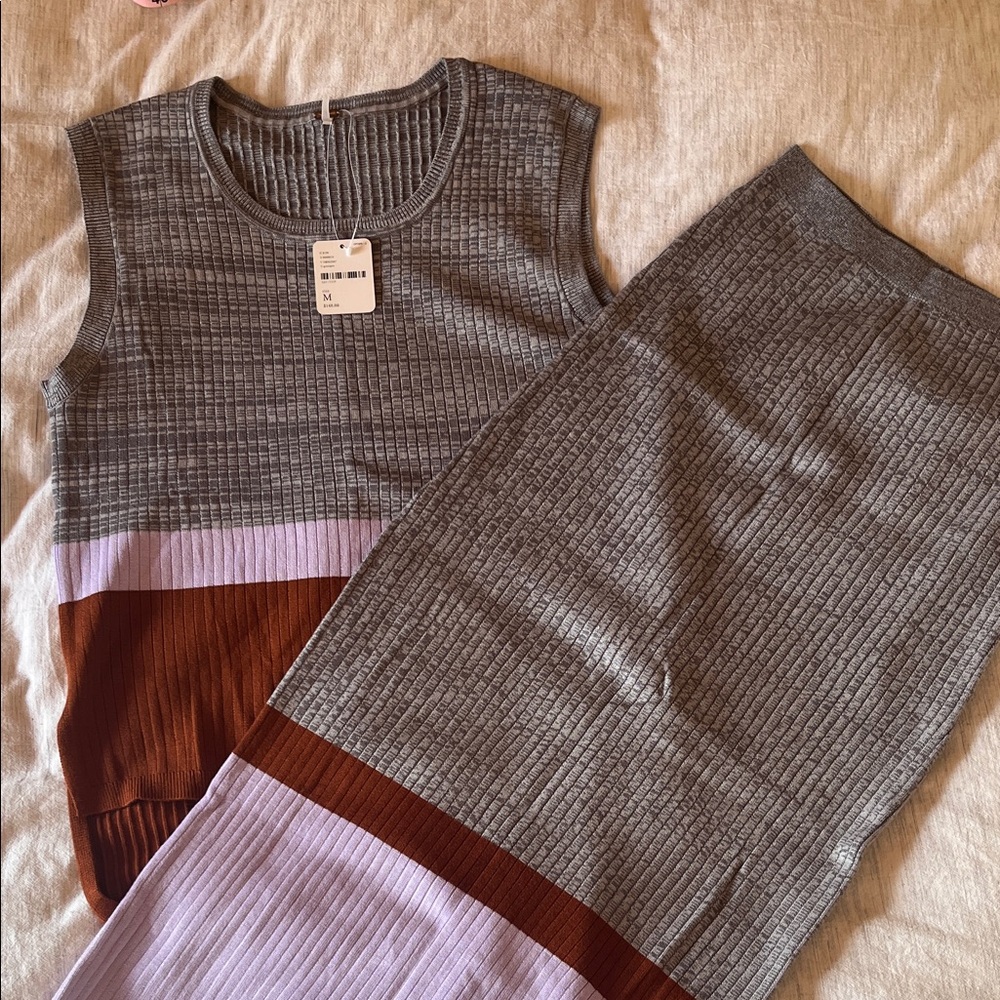 Free People Gray, Lavender, and Brown Sleeveless Top and Skirt Set - Size M